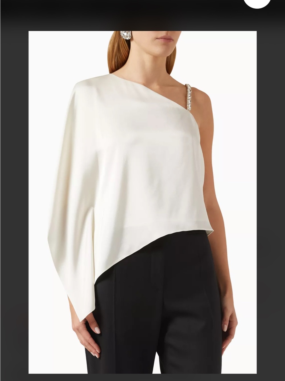 Women's White Satin 1 arm shirt with rhinestone strap